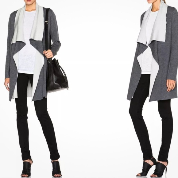 VINCE GREY MERINO WOOL BLEND TWO TONE DRAPE OPEN CARDIGAN SWEATER COAt Size M - Picture 1 of 12
